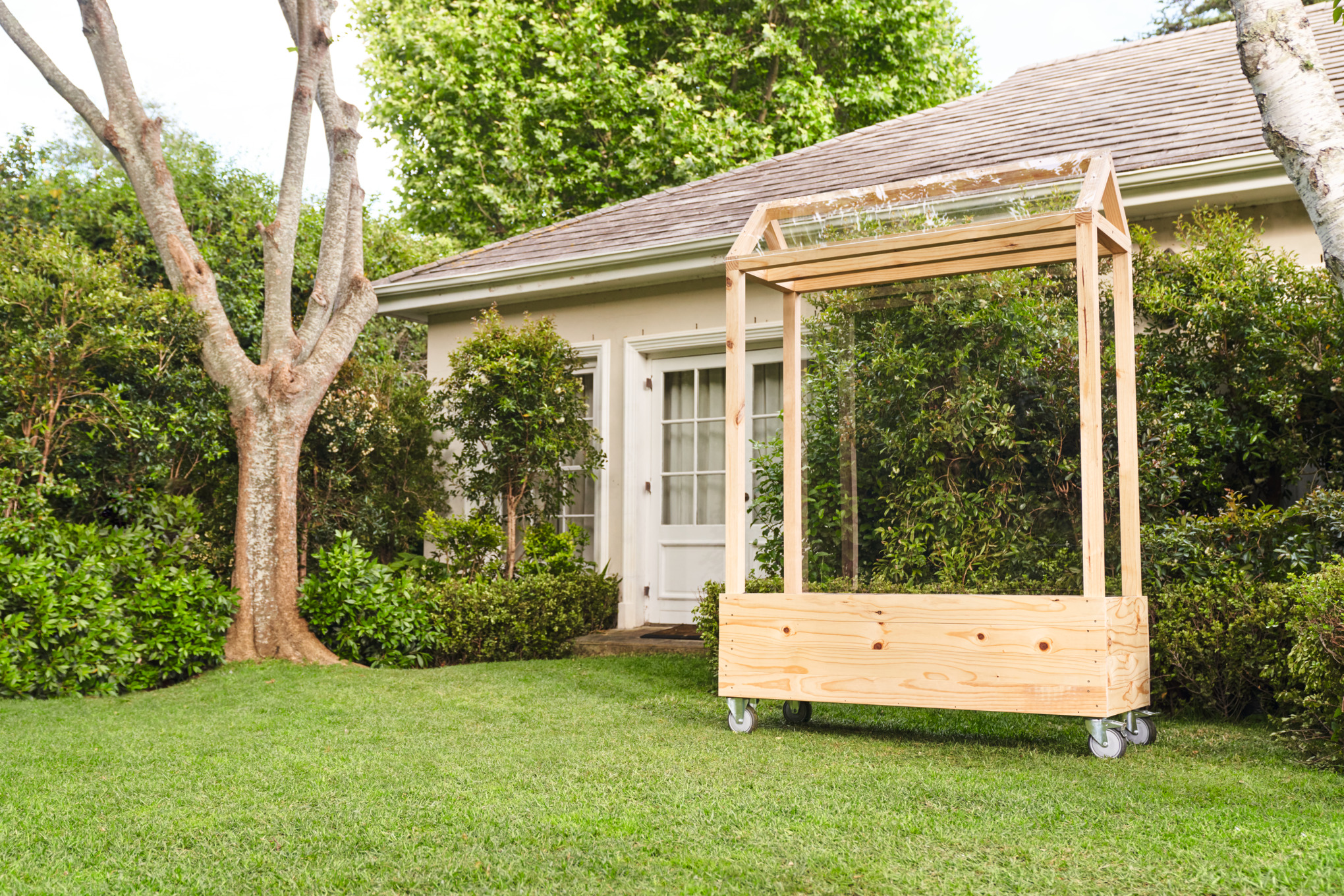 Invernadero de tomates de construcción propia en una parcela de jardín