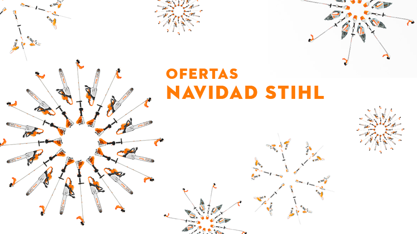 Una composición de dos imágenes: fondo de bosque con motosierra STIHL y texto frontal HASTA 30€