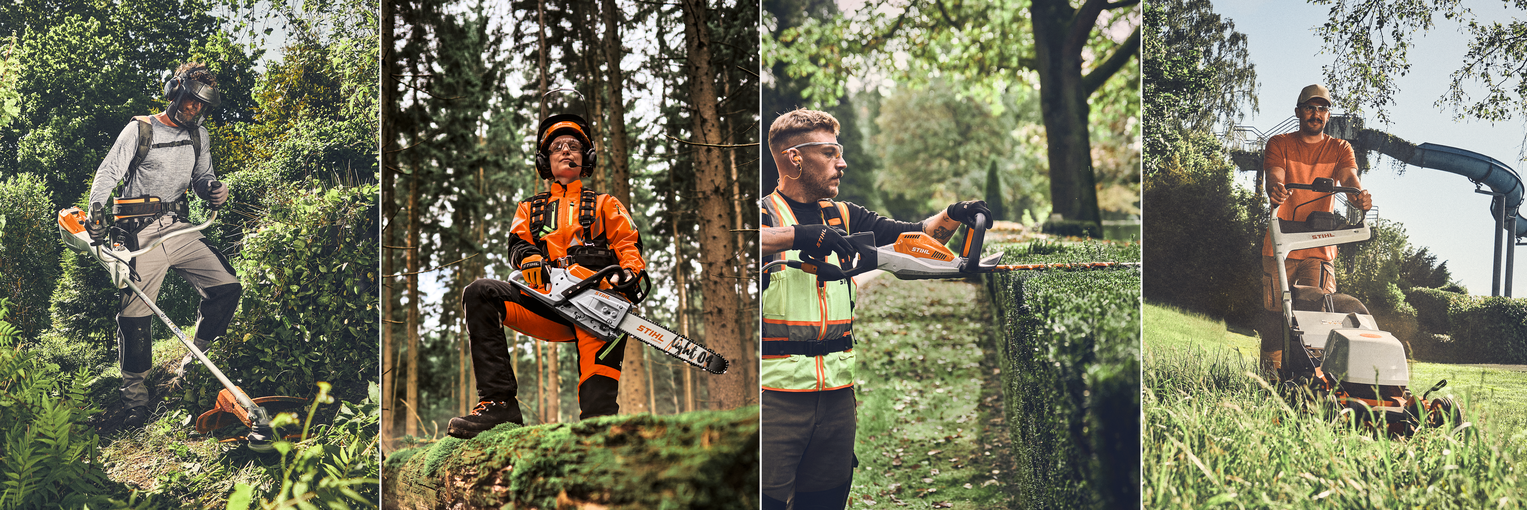Un grupo de personas trabaja con máquinas de jardín STIHL en un jardín, con un gran seto y toboganes de agua al fondo. Están equipados con desbrozadoras, cortacéspedes y equipos de protección.