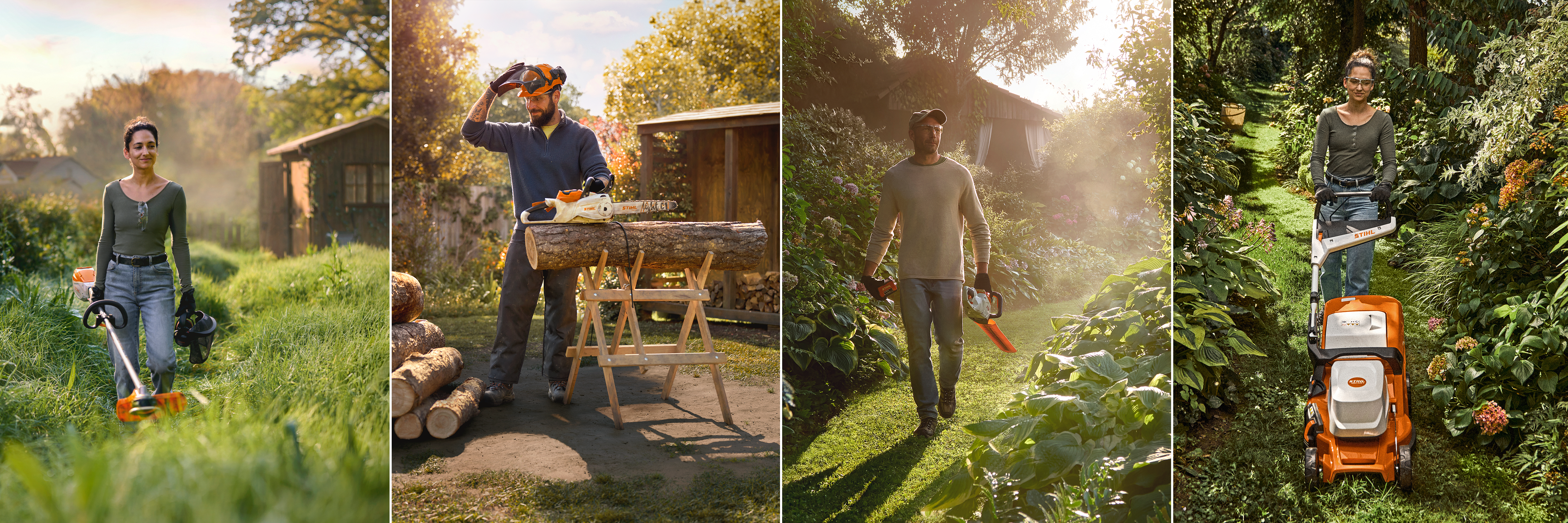 Cuatro imágenes de personas trabajando en el jardín con diferentes máquinas STHL