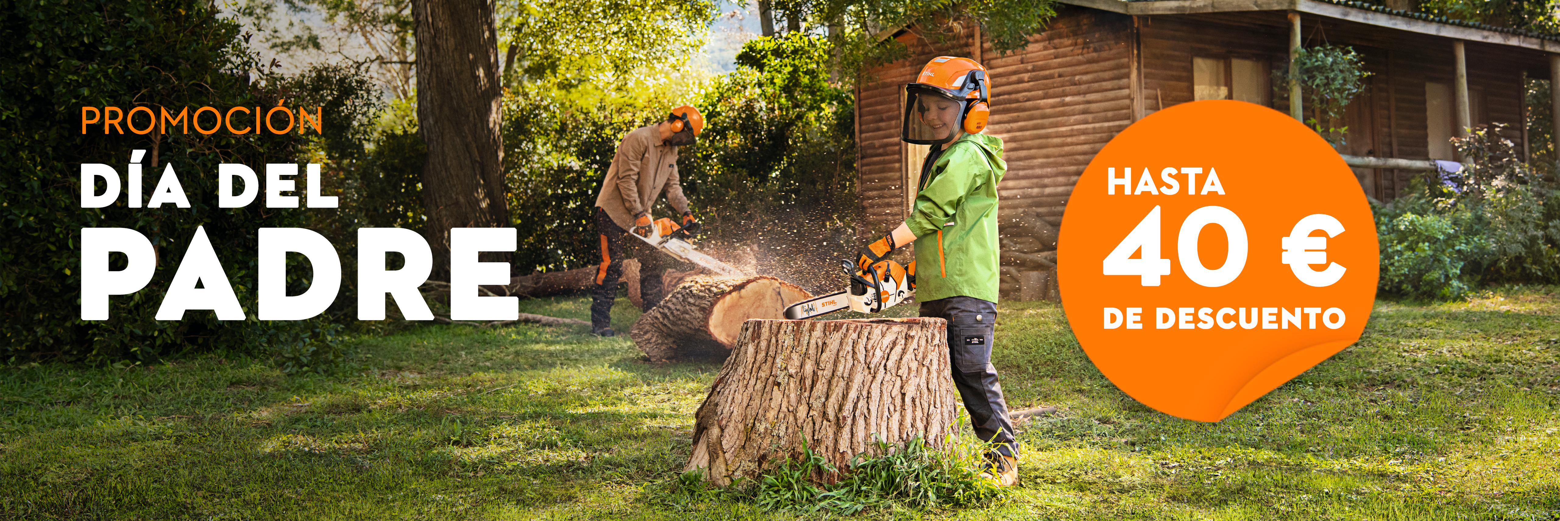 Padre e hija trabajando con motosierra en exterior