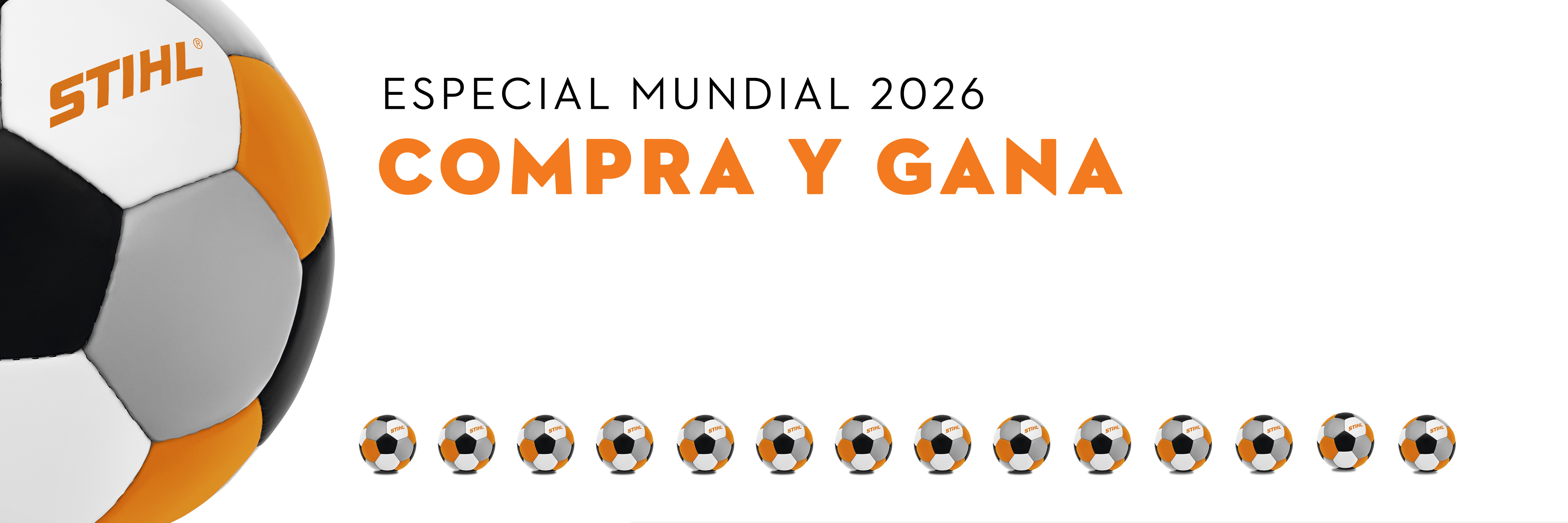Balones de fútbol STIHL de diferentes tamaños y letras que hablan de la promoción