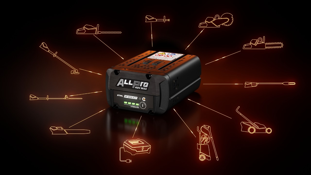 Batería STIHL ALLPRO AP 300.0 PC con varios símbolos de categoría de producto que indican compatibilidad